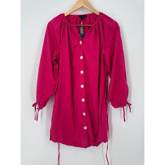 J Crew Button Front Shirt Dress Womens Pink Mini Poplin 3/4 Tie Sleeves Cotton M - Picture 1 of 11
